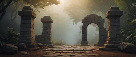 Ancient ruins in the forest with fog photo