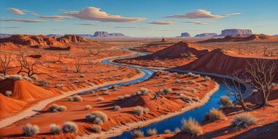 A painting of a river in the desert with mountains in the background photo