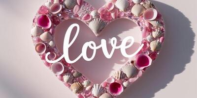 A heart made of pink objects with the word written on it. photo