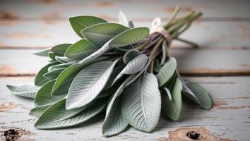 Fresh Bundle of Sage Leaves on Rustic Wooden Background. photo