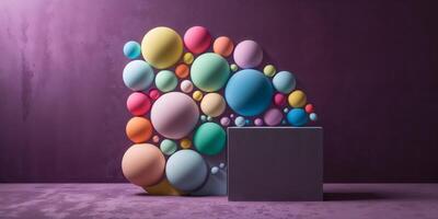 Decorative podium displaying round shapes on a violet background. photo