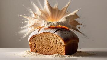 A Freshly Baked Loaf of Bread Exploding with Flour and Light. photo