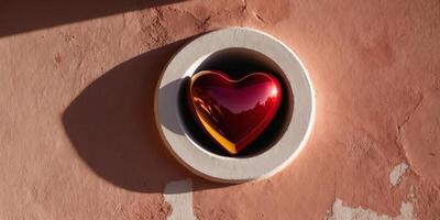 Heart shaped object in hole in wall seen from above. photo