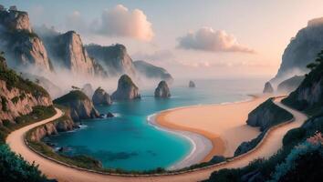 Dramatic Coastal Cliffs with Winding Path Leading to Secluded Beach at Dawn. photo