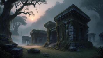 An old stone building in the forest with trees and fog photo