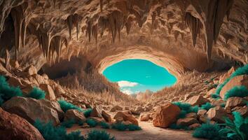 Aerial view of a large empty rock cave with entrance. photo