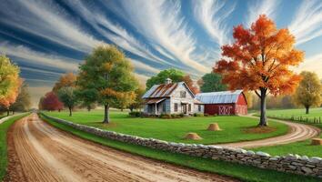 A rustic farmstead along a muddy country road under a cloudy sky in autumn. photo