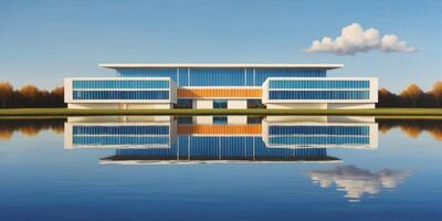 two reflections - a building and its mirrored image in the water. photo