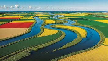 Aerial view of a river flowing through a field of flowers photo