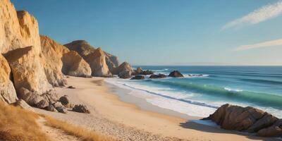 The beach and cliffs of the ocean are shown in this photo
