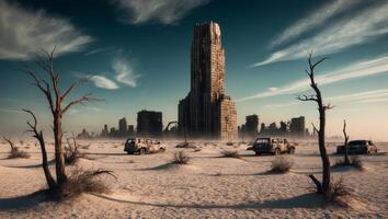 A desert landscape with a tall building in the middle photo