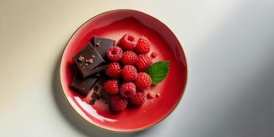 A plate with raspberries and chocolate on it photo