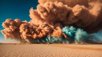A large cloud of dust is blowing in the desert photo