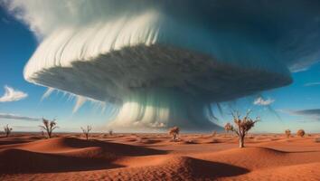 A large cloud of dust is seen over a desert photo