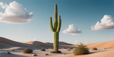 A large cactus stands in the middle of a desert photo