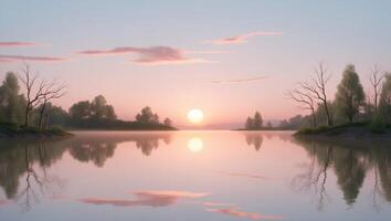 A beautiful sunset over a lake with trees photo