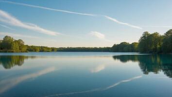 A lake with trees and sky reflected in it photo