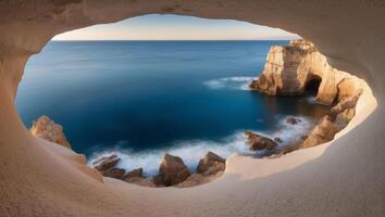 A view of the ocean from inside a cave photo