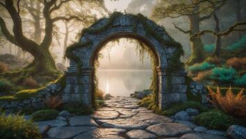 An archway in the forest with a stream and trees photo