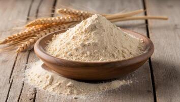Wheat flour in a bowl on a wooden table photo