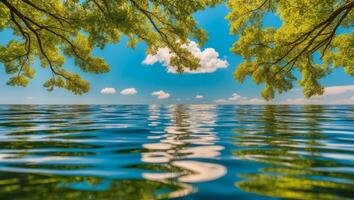 A tree is reflected in the water with clouds in the background photo