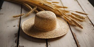 A straw hat and some wheat on a wooden table photo