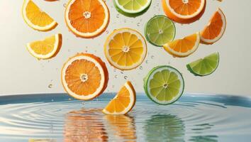 Orange slices falling into water with a splash of water photo