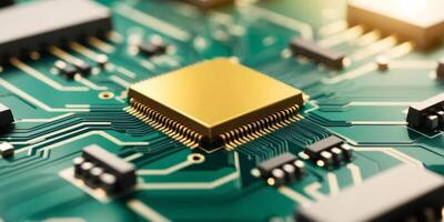 Circuit Board with Golden Microchip and Lines. photo