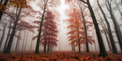 View of a cool forest full of mist in autumn. photo