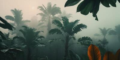 Tropical jungle with palm trees and leaves photo