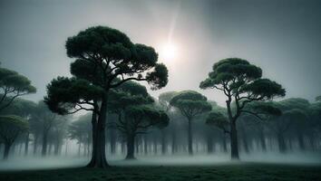 A foggy forest with trees and sun photo