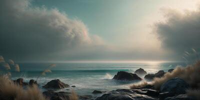 Cinematic Coastal Landscape with Moody Atmospheric Lighting and Mysterious Ambiance. photo