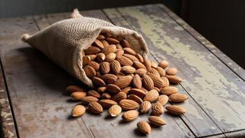 Rustic Burlap Sack of Almonds on Wooden Table for Natural Food and Diet Concepts. photo