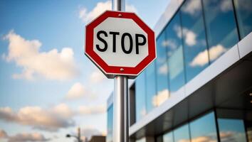 A stop sign on a pole in front of a building entrance. photo