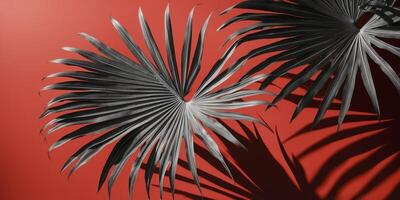 Palm Leaves and Shadow on Red Background. photo