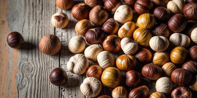 Assorted Hazelnuts Spread Across a Wooden Surface in Soft Natural Light. photo