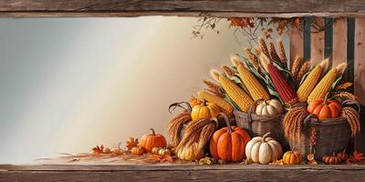 Autumn harvest scene on rustic wooden edge. photo