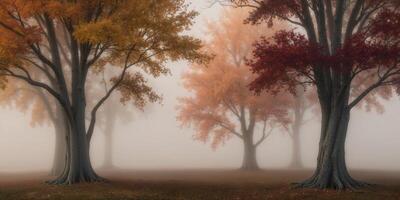 Autumn Forest with Fog and Colorful Leaves. photo