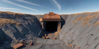 Abandoned coal pit mine shaft with capped end at slate quarry Aerial view of eerie industrial mineshaft entrance from drone. photo