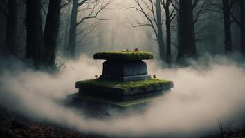 A stone platform bathed in fog stands in the middle of a dark and eerie forest. photo