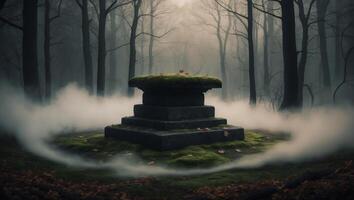 A stone platform bathed in fog stands in the middle of a dark and eerie forest. photo