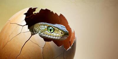 close focus on eye of snake peeking from its egg. photo