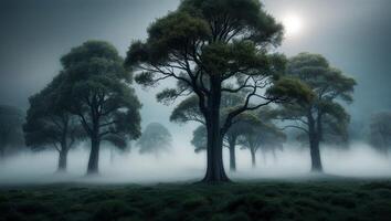 Chilling Dense Forest Enveloped in Mist with Eerie Ambiance. photo