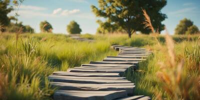 A path through a grassy field with trees and grass photo