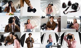 A group of young photographers and models are working together in a well-lit studio space. They are using professional cameras, lenses, lighting equipment photo