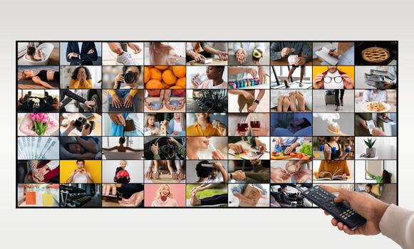 The image shows a person using a remote control to navigate through television channels. The television screen displays a grid of different images, each showing a distinct scene. photo