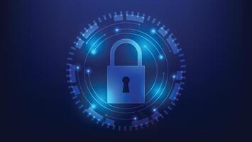 digital padlock with hi tech circle on blue background. cyber security vector