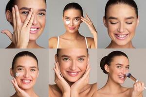 This image shows a young woman applying different skincare and makeup products to her face. The image is split into six sections, each showing a different step in the process. photo