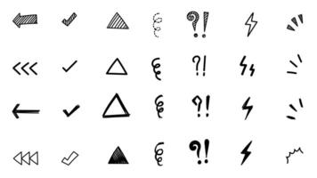 Hand drawn doodle collection of arrow, check, triangle, thunderbolt, exclamation, question mark. Design for print, cartoon, card, decoration, sticker. vector