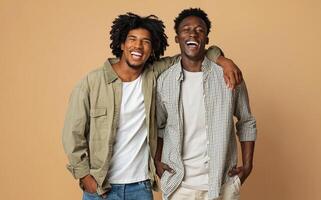 Portrait Of Two Happy Black Guys Embracing While Posing Over Beige Background, Cheerful Young African American Friends In Stylish Clothes Having Fun In Studio, Laughing At Camera, Copy Space photo